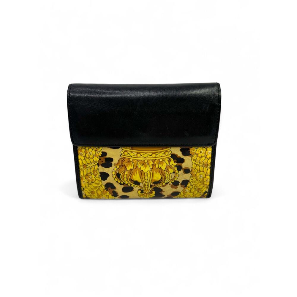 Gianni Versace Leopard Print Black Leather Trifold Wallet